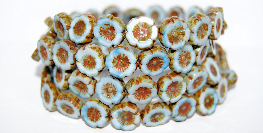 Table Cut Round Beads Hawaii Flowers, 7624 Travertin (7624 86800), Glass, Czech Republic
