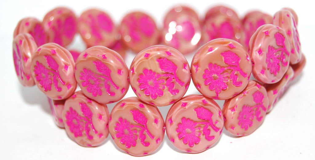 Round Flat With Flower Marguerite Pressed Glass Beads, (74020B 46470), Glass, Czech Republic