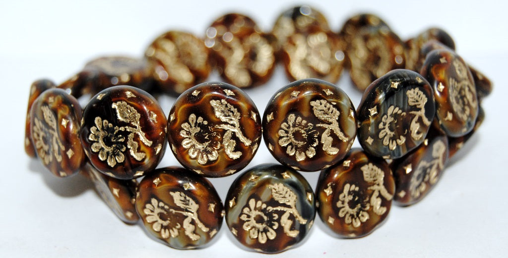Round Flat With Flower Marguerite Pressed Glass Beads, (26117 54202), Glass, Czech Republic