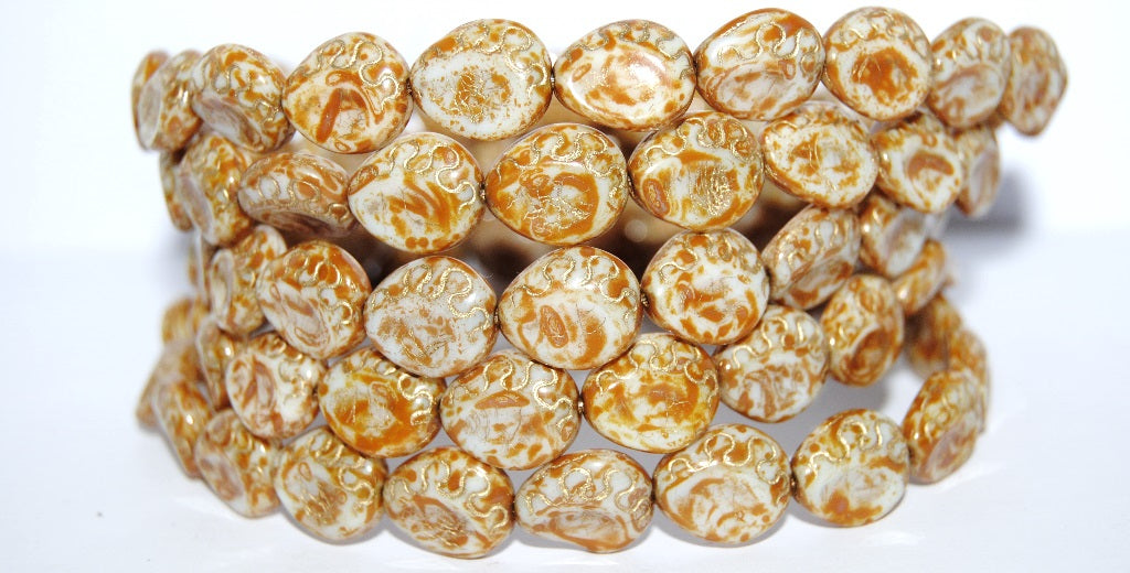 Tear Oval Pressed Glass Beads, White Travertin 54202 (2010 86800 54202), Glass, Czech Republic