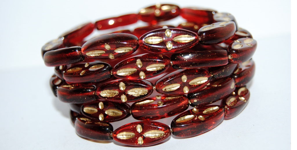 Boat Oval Pressed Glass Beads With Decor, Ruby Red 54202 (90080 54202), Glass, Czech Republic
