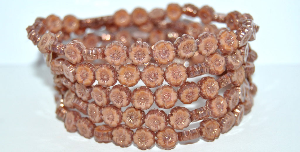 Table Cut Round Beads Hawaii Flowers, Opaque Pink Bronze (76016 14415), Glass, Czech Republic