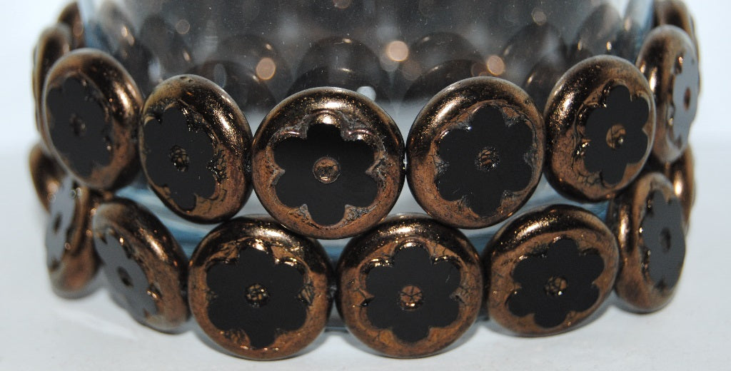 Table Cut Round Beads With Flower, Black Bronze (23980 14415), Glass, Czech Republic
