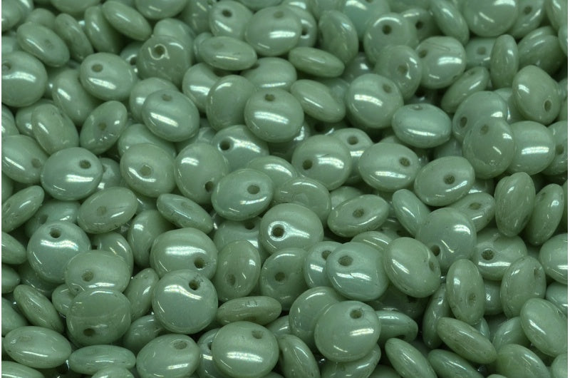 レンズ豆ビーズ、ホワイトラスターグリーンフルコーティング(02010-14457)、ガラス、チェコ共和国