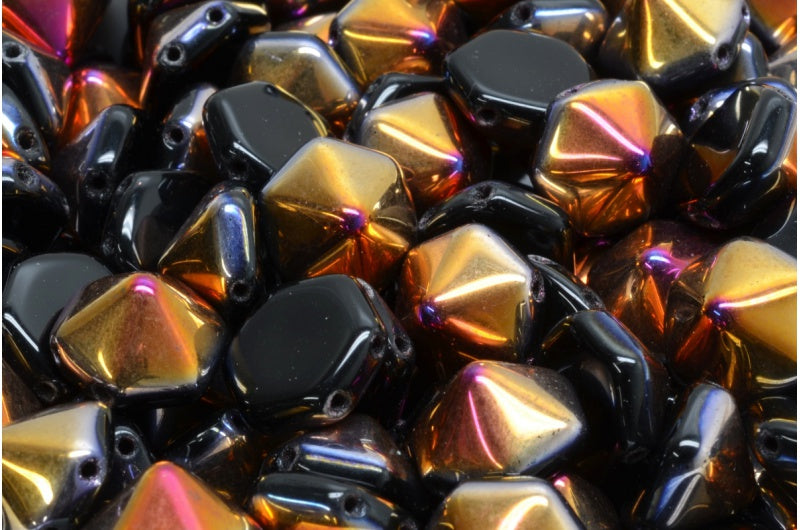 2穴六角ピラミッドビーズ、ブラックスリペリット(23980-29501)、ガラス、チェコ共和国