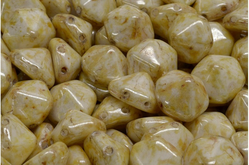 2穴六角形ピラミッドビーズ、ホワイトステイン、光沢琥珀色(02010-65401)、ガラス、チェコ共和国