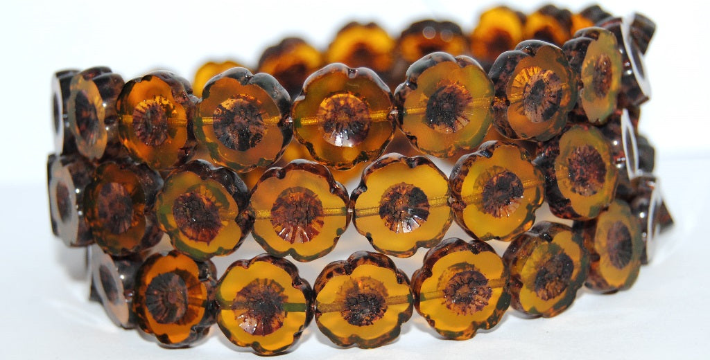 Table Cut Round Beads Hawaii Flowers, Transparent Orange Travertin (90020 86800), Glass, Czech Republic