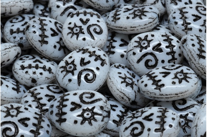 Woodoo Funny Face Beads, White Black Lined (02010-46441), Glass, Czech Republic