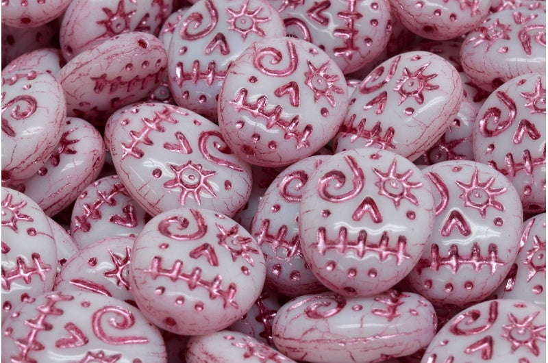 Woodoo Funny Face Beads, White Pink Lined (02010-54321), Glass, Czech Republic