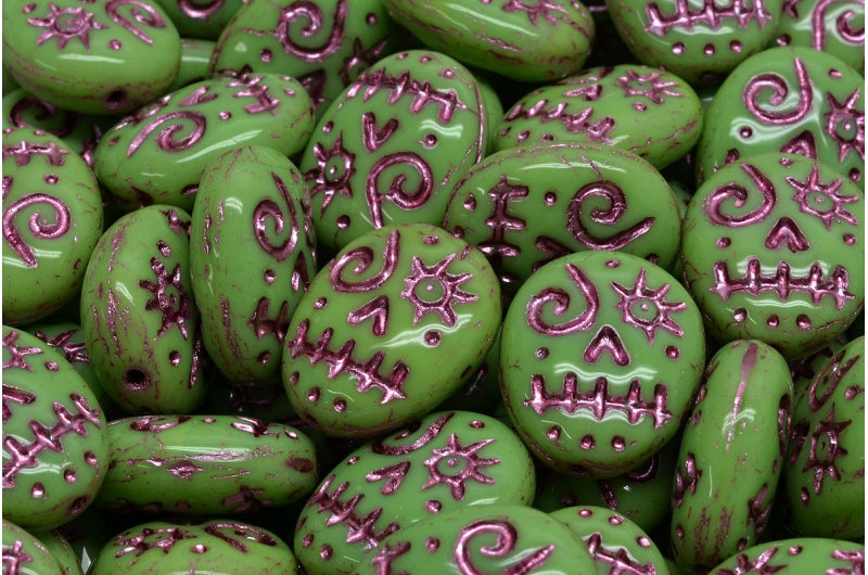 Woodoo Funny Face Beads, Opaque Green Pink Lined (53300-54321), Glass, Czech Republic
