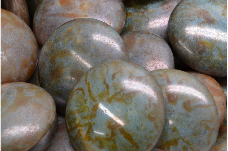 Cabochon Beads, White Stain With Luster Blue (02010-65431), Glass, Czech Republic
