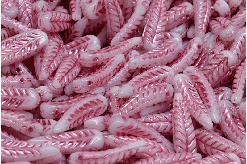 Bird Feather Beads, White Pink Lined (02010-54321), Glass, Czech Republic