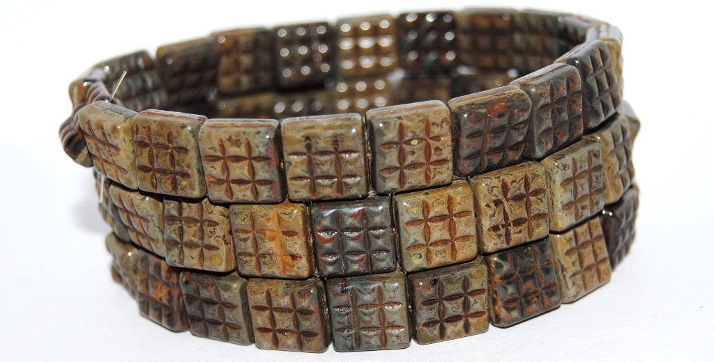 Square With 9 Squares Pressed Glass Beads, Beige Travertin (13020 86800), Glass, Czech Republic