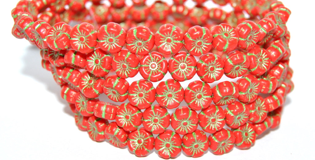 Hawaii Flower Pressed Glass Beads, Red 43813 Metalic (93190 43813 Metalic), Glass, Czech Republic