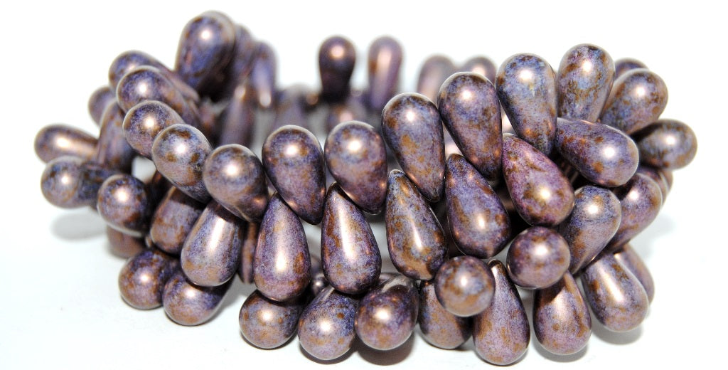 Pear Drop Pressed Glass Beads, Chalk White Stain With Luster Violet (3000 65426), Glass, Czech Republic