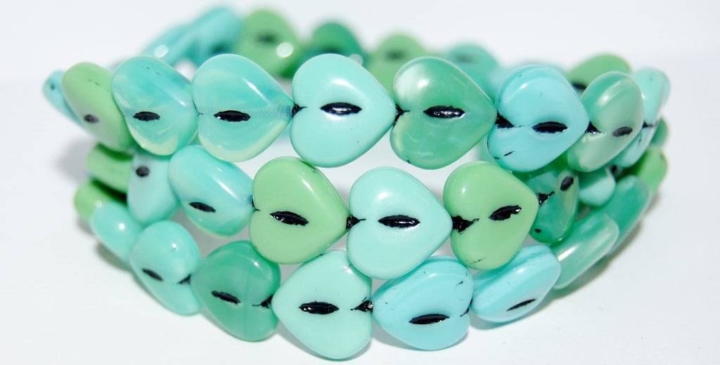 Heart Pressed Glass Beads, Green Mixed Colors 46769 (Green Mix 46769), Glass, Czech Republic