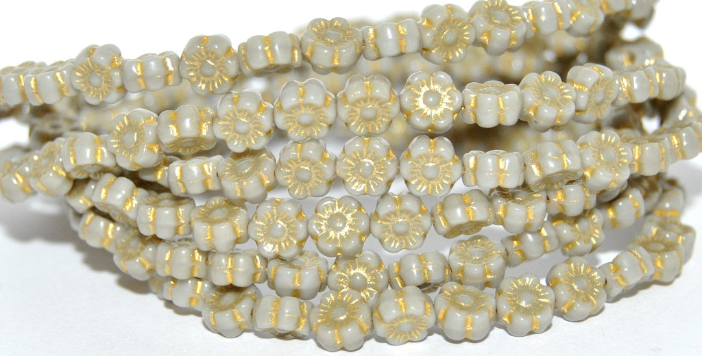 Hawaii Flower Pressed Glass Beads, Opaque Gray 43803 Metalic (43020 43803 Metalic), Glass, Czech Republic