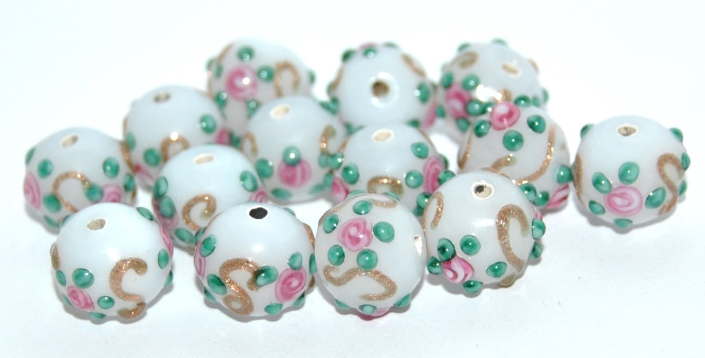 Czech Glass Hand Made Round Lampwork Beads With Flower, (B), Glass, Czech Republic