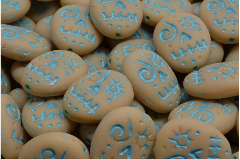 Woodoo Funny Face Beads, Beige Matte Light Blue Lined (13020-84100-54308), Glass, Czech Republic