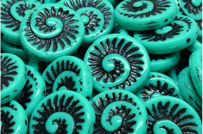 化石貝殻ビーズ、ターコイズ 46449 (63130-46449)、ガラス、チェコ共和国