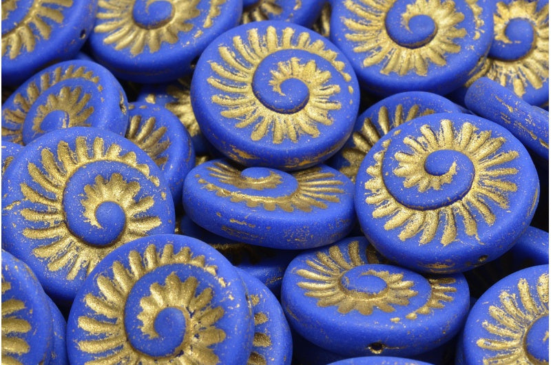 Fossil Shell Beads, Opaque Blue Matte Gold Lined (33050-84100-54302), Glass, Czech Republic
