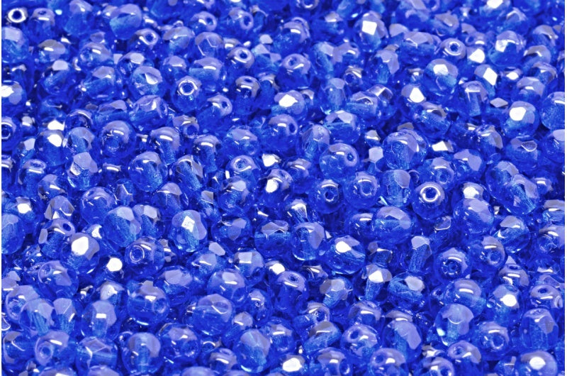 Faceted Round Fire Polished Beads, Transparent Blue (30080), Glass, Czech Republic