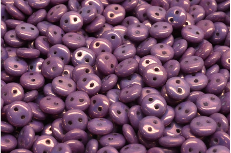 2穴レンズ豆ビーズ、白紫(02010-15726)、ガラス、チェコ共和国