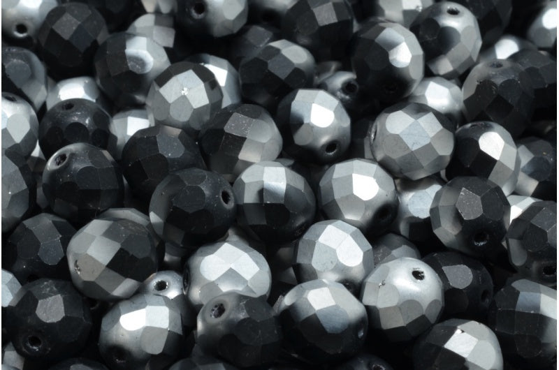 Fire Polished Faceted Beads Round, Black Matte Crystal Silver Half Coating (23980-84100-27001), Bohemia Crystal Glass, Czech Republic