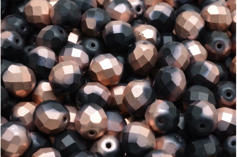 Fire Polished Faceted Beads Round, Black Matte Rose Gold Capri (23980-84100-27101), Bohemia Crystal Glass, Czech Republic