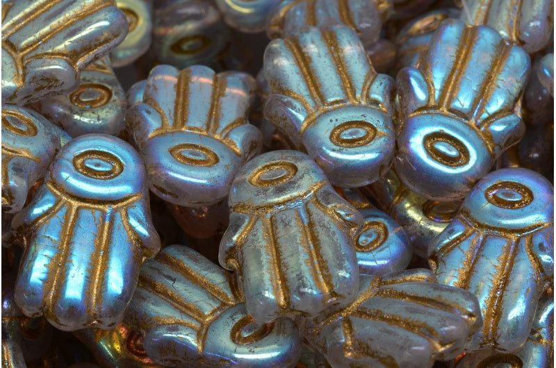 Hamsa Hand Beads, Crystal Ab Full (2X Side) Gold Lined (00030-28703-54302), Glass, Czech Republic