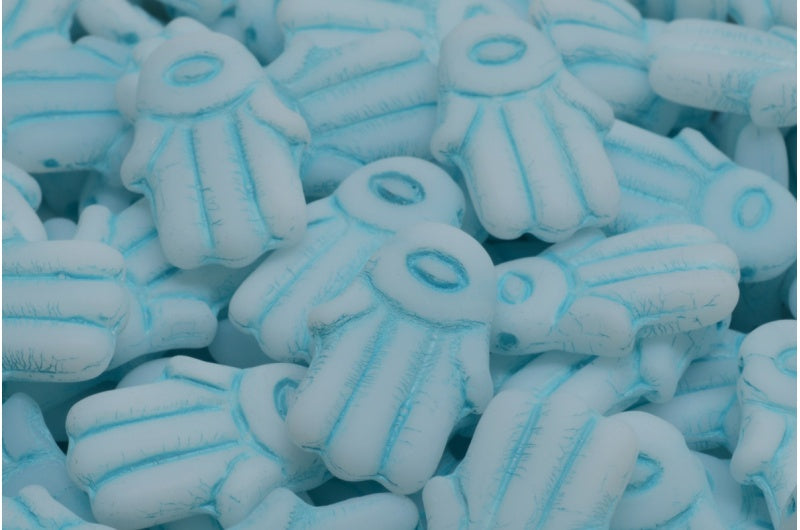 Hamsa Hand Beads, White Light Blue Lined Matte (02010-54308-84100), Glass, Czech Republic