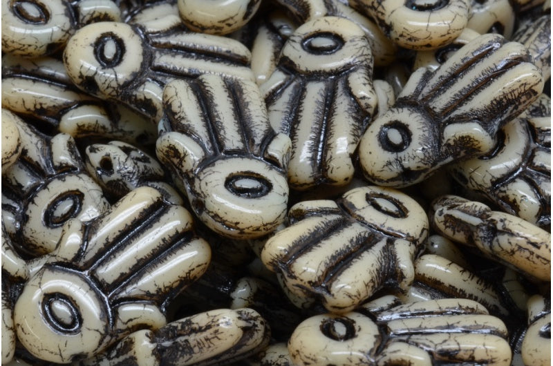 Hamsa Hand Beads, Beige Black Lined (13020-46441), Glass, Czech Republic