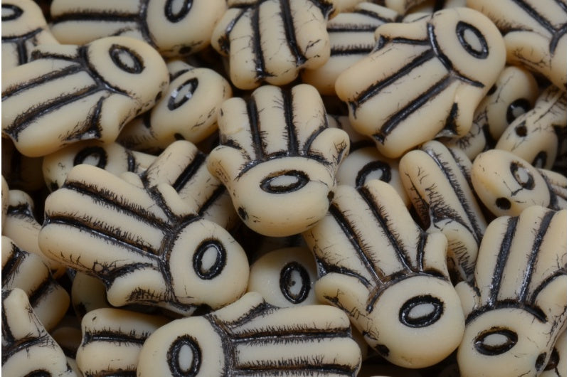 Hamsa Hand Beads, Beige Black Lined Matte (13020-46441-84100), Glass, Czech Republic