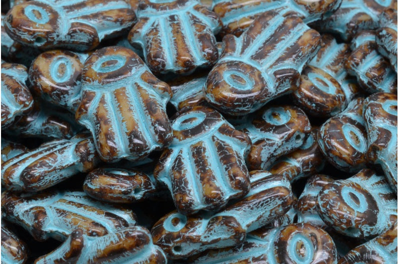 Hamsa Hand Beads, Beige Travertin Light Blue Lined (13020-86800-54308), Glass, Czech Republic