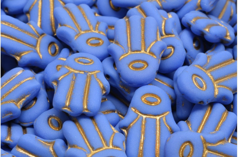 Hamsa Hand Beads, Opaque Blue Gold Lined Matte (33040-54302-84100), Glass, Czech Republic