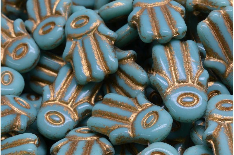Hamsa Hand Beads, Turquoise Gold Lined (63130-54302), Glass, Czech Republic