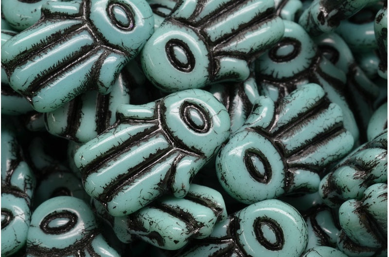 Hamsa Hand Beads, Turquoise Black Lined (63130-46441), Glass, Czech Republic