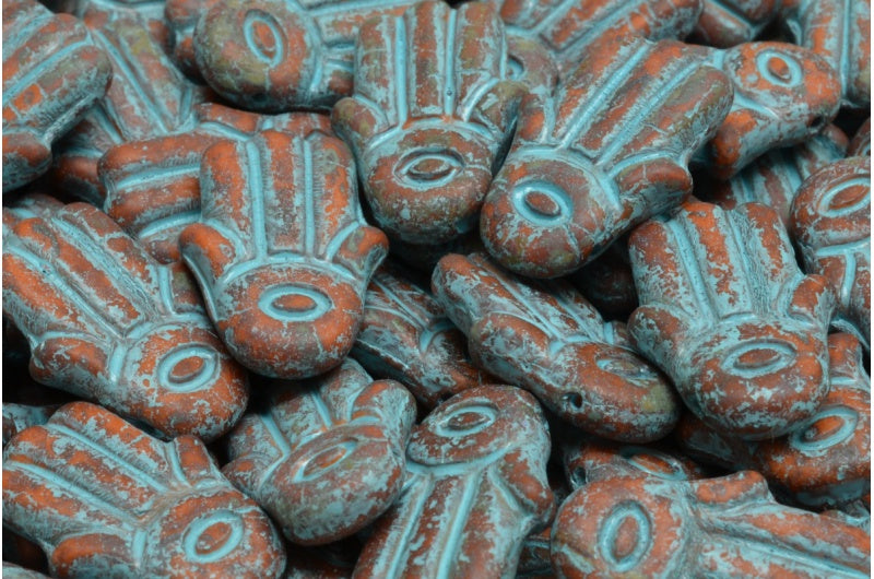 Hamsa Hand Beads, Opaque Yellow 86880 Light Blue Lined (93110-86880-54308), Glass, Czech Republic