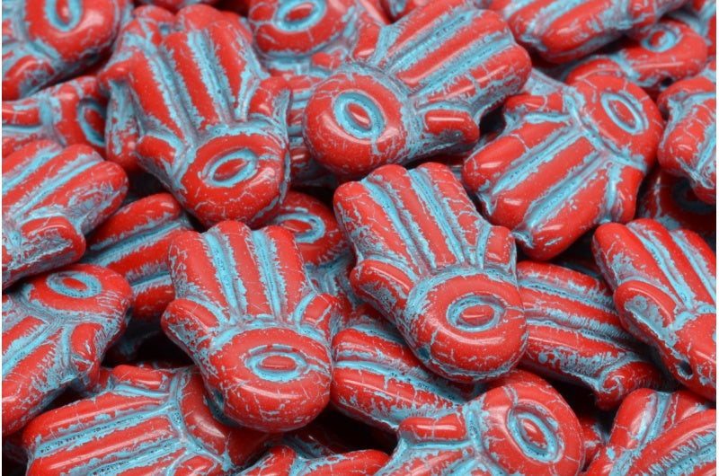 ハムサハンドビーズ、赤水色ライン入り(93190-54308)、ガラス製、チェコ共和国