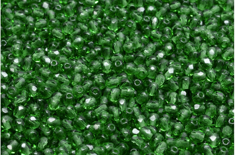 ファセット加工ビーズ ラウンド、透明グリーン(50570)、ボヘミアクリスタルガラス、チェコ共和国