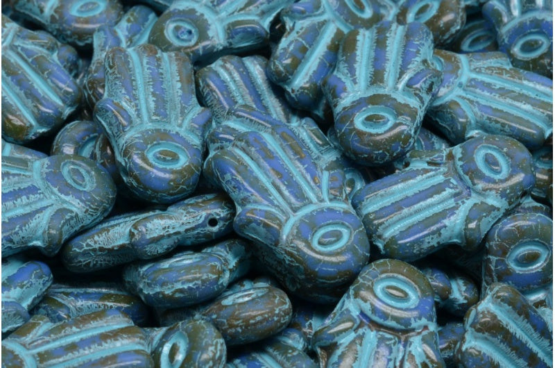 Hamsa Hand Beads, Opaque Blue Travertin Light Blue Lined (33040-86800-54308), Glass, Czech Republic