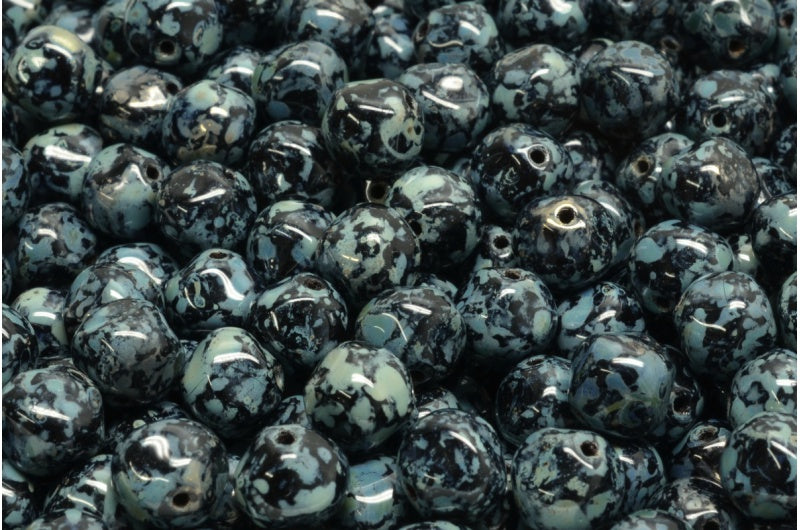 イングリッシュカットビーズ - ラウンド型、ブラックピカソ(23980-43400)、ガラス、チェコ共和国