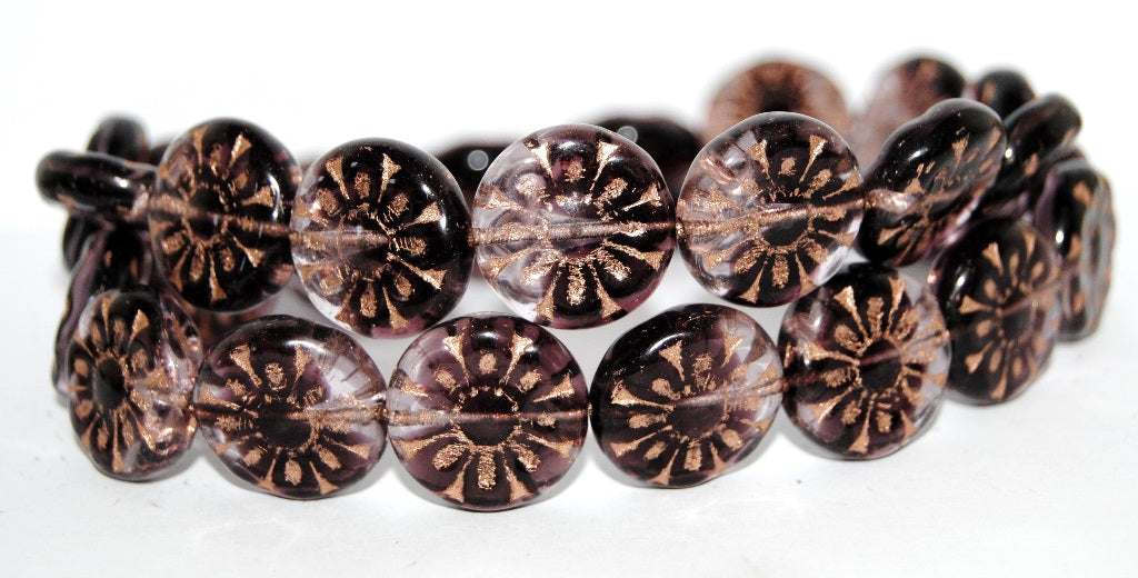 Flat Round With Flower Pressed Glass Beads, (27801 54200), Glass, Czech Republic