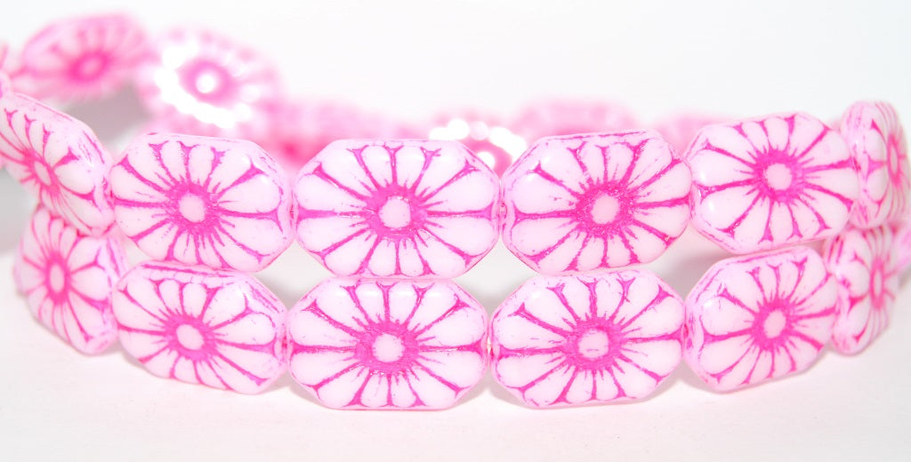 Rounded Rectangle With Flower Pressed Glass Beads, White 46470 (2010 46470), Glass, Czech Republic