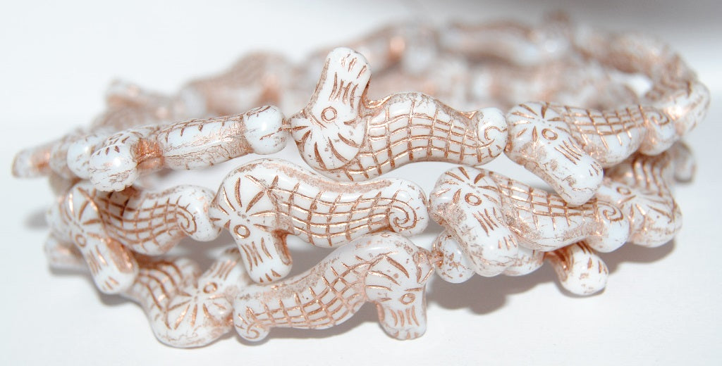 Seahorse Pressed Glass Beads, White 54200 (2010 54200), Glass, Czech Republic