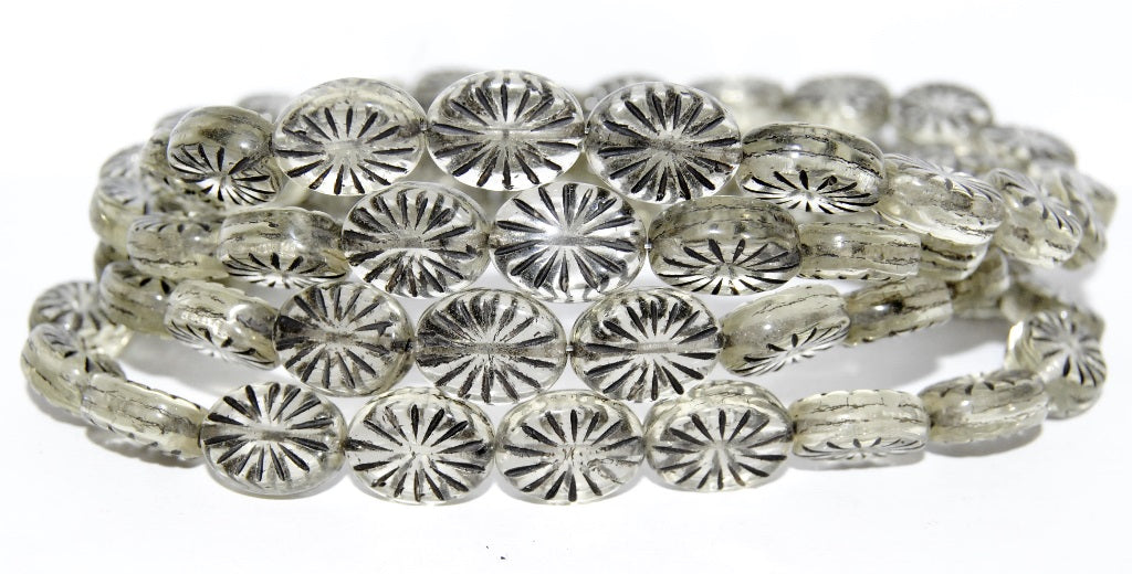 Flat Oval Pressed Glass Beads With Rays, Transparent Yellow 23202 (80010 23202), Glass, Czech Republic