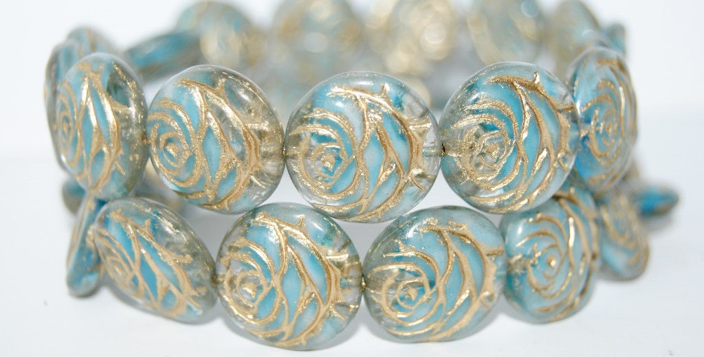 Round Flat Rose Flower Pressed Glass Beads, Light Blue White Delay 54202 (65016 54202), Glass, Czech Republic