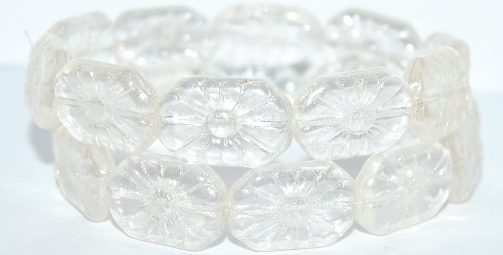Rounded Rectangle With Flower Pressed Glass Beads, Crystal Hematite (30 14400), Glass, Czech Republic