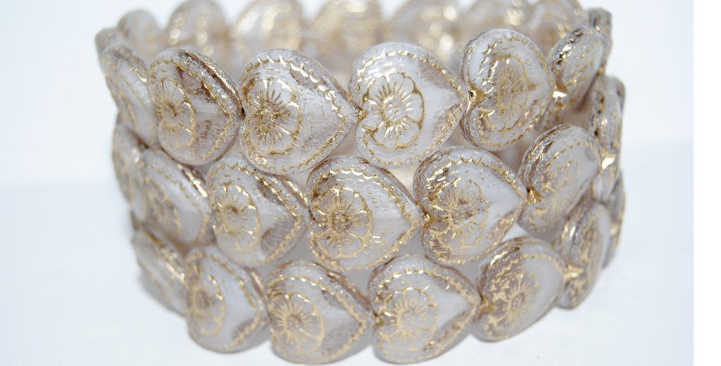 Heart With Flower Pressed Glass Beads, (6208 54202 Antiq), Glass, Czech Republic