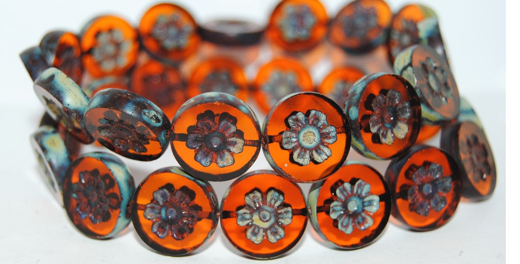Table Cut Round Beads With Flower, Transparent Orange 66800 (90020 66800), Glass, Czech Republic